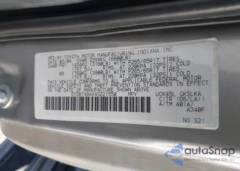 2004 Toyota Sequoia Limited V8 из США, поврежденный, VIN 5TDBT48AX4S221550